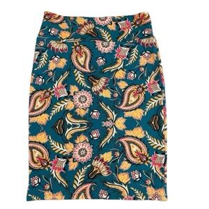 Lularoe Cassie Pencil Skirt Large Teal Paisley Floral Boho Stretch